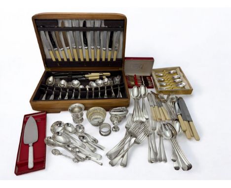 A Wostenholm canteen of silver plated cutlery, other silver plated cutlery, a Mappin &amp; Webb silver plated cream jug and s