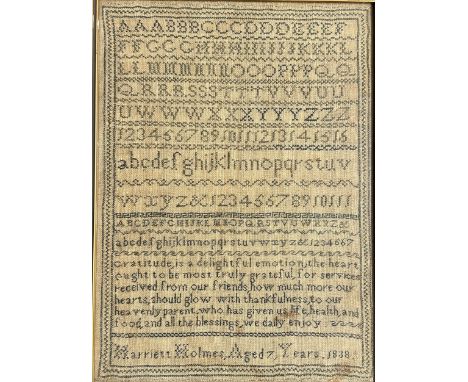 Victorian embroidery alphabet sampler, dated for 1838. By Harriet Holmes, Aged 7 Years, 1838. Framed and glazed. 39.5cm x 29c