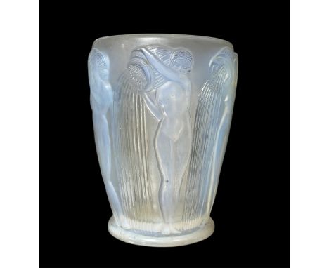 René Lalique (French, 1860-1945), clear frosted opalescent Danaides glass vase. Moulded with nude maidens pouring water. Mark