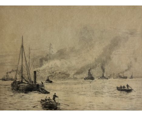 William Lionel Wyllie (British, 1851-1931),Shipping on the Thames,Etching on paper,Signed to lower left,Abbott and Holder pur
