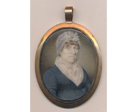 English School (18th / 19th Century),Miniature portrait of a lady in bonnet,Watercolour on ivory,Unsigned,Gilt metal framing 