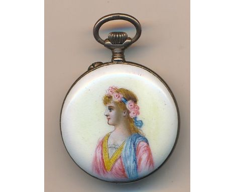 Hand painted miniature enamel pocket watch,Enamel face with Arabic numerals three leaf clover surround, reverse with female p