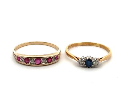 A sapphire and diamond trilogy ring stamped 18ct yellow gold and platinum, size S, sponsor C&amp;S. And a ruby and diamond ri