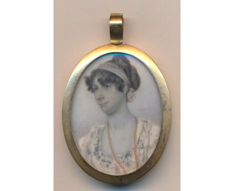 English School (18th / 19th Century),Miniature portrait of a lady with beaded necklace,Watercolour on ivory,Unsigned,Gilt met