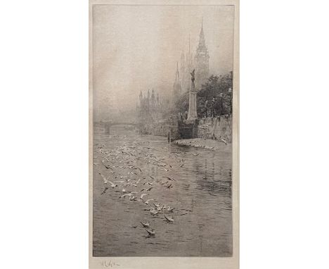 William Lionel Wyllie (British, 1851-1931),Gulls on the River at Westminster,Etching,Signed to lower left,Framed and glazed. 