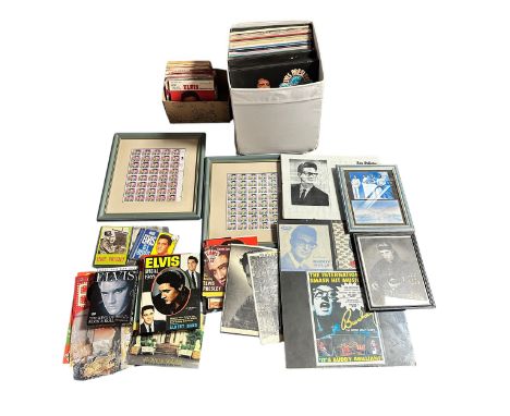 Collection of Elvis Presley Vinyl, Buddy Holly, Roy Orbison Memorabilia. Elvis items include books, framed stamps, ceramic co
