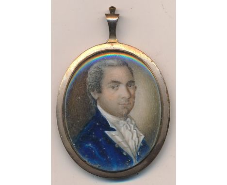 English School (18th / 19th Century),Miniature portrait of a gentleman wearing a blue jacket,Watercolour on ivory,Unsigned,Br