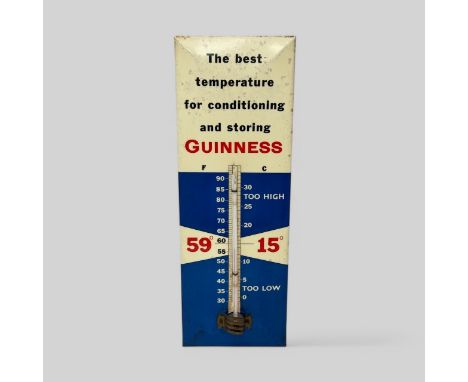 Guinness, a scarce Guinness cellar thermometer. A blue and white laminated rectangular wall thermometer, "The best temperatur