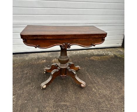 Mahogany Card Table. Table top over centre column on 4 feet, with castors. W90.5cm x H76.5cm x D44.5cm, when table top opened