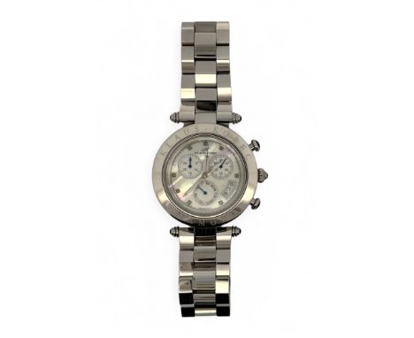 Klaus-Kobec Diamond Wristwatch, chronograph dial mother of pearl face. Stainless steel case and bracelet. Model No. KKG1918. 