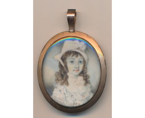 English School (18th / 19th Century),Miniature portrait of a young girl wearing a bonnet,Watercolour on ivory,Unsigned,Gilt m