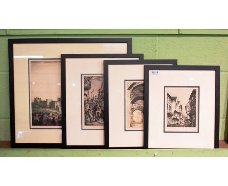 H J Hoodless, Hull Docks, signed etching, together with three further signed etchings including R.O Risely "The Shambles, Yor