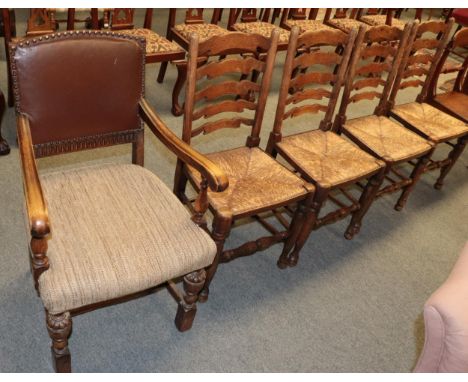 Set of four ash rush seated ladder back chairs and an early 20th century oak open armchair (5)