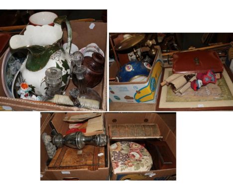 A group of miscellaneous including glass, ceramics, hunting horn, tea caddy, needlework, skis, canes, a mixed media by A.P Fr