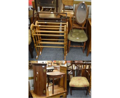 A Georgian mahogany elbow chair; a small bow fronted hanging corner cupboard; late Victorian towel rail; balloon back dining 