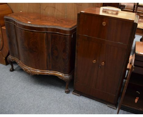 A flame mahogany bow fronted sideboard; and a 1940s Art Deco walnut veneer cocktail cabinet 