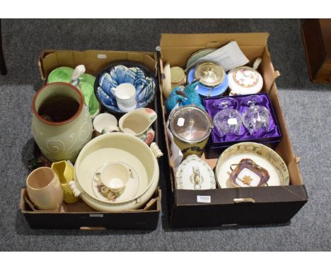 Assorted ceramics including Wedgwood Jasperware biscuit barrel, Royal Doulton Dickens series ware bowl, Maling bowl, Nao figu