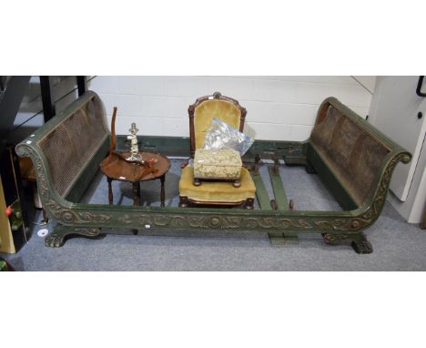 A Victorian lady's chair; a small folding table; an ornate brass bed-drape holder with tie backs 