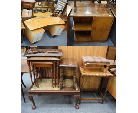 Walnut book shelf/cupboard; G plan dressing table; oak occasional table; small stool; reproduction oak joint stool; bed tray;