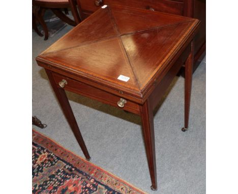 Edwardian mahogany and satinwood banded envelope card table 