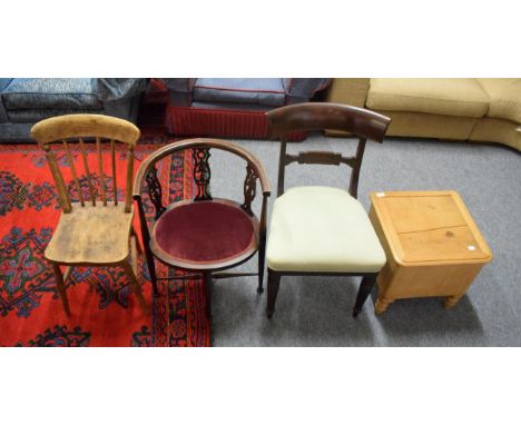 A 19th century child's elm and ash chair; Victorian pine commode; Victorian mahogany dining chair and an Edwardian stained be
