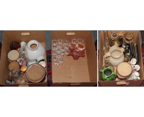 An American Ansonia Clock Co. oak cased striking mantel clock; together with three boxes of household ceramics and glass etc