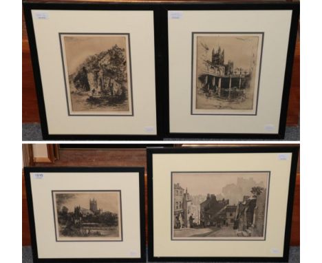 Leonard Russell Squirrell, Elvet Street, Durham, signed lithograph print, together with three signed etchings by W H Sweet, "