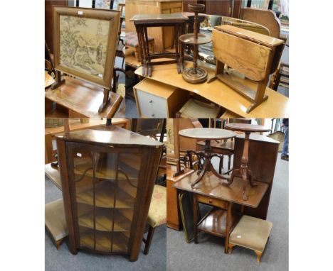 Quantity of furniture comprising oak corner cupboard; 1940s oak drop leaf table; mahogany tripod table; leather top tripod ta