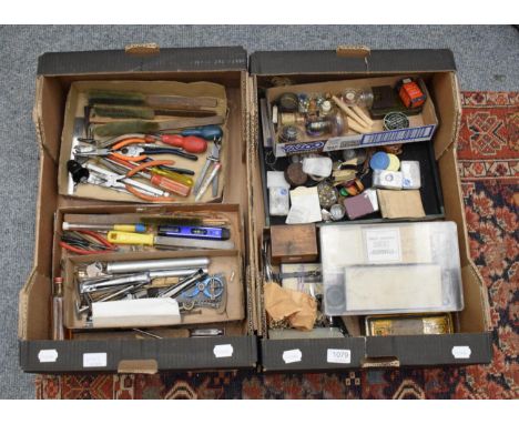 A quantity of watchmakers tools, wristwatch movements, spare parts, etc (in two boxes)