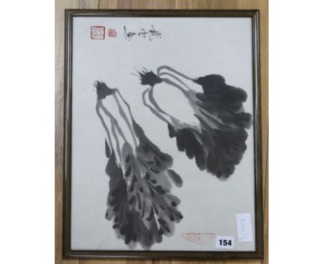 A Chinese scroll painting on silk and a pair of pak choi