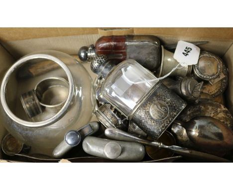 A quantity of mixed silver, plate and pewter items, including hip flask, match tidy and capstan inkwell.