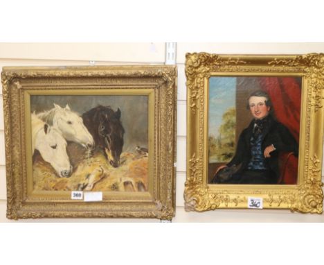 Mollins after Herring, oil of horses, 27 x 32cm and a portrait of a gentleman, 30 x 25cm