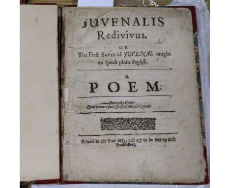 A book uvenalis Redivivus, A Poem, 1683 (first edition of Thomas Wood trans), later half red morocco and marbled boards