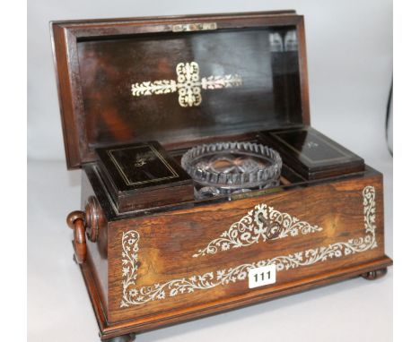 A Victorian mother of pearl inlaid rosewood tea caddy