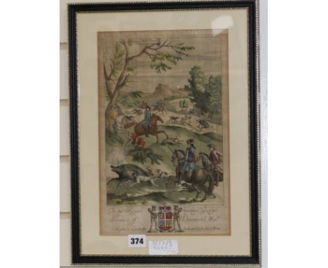 Richard Blome, hand coloured engraving, hunting wild boar, 35 x 23cm