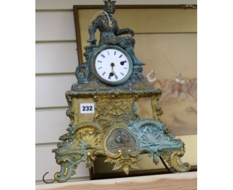 A 19th century French Spelter mantel clock with figural surmount (a.f.)