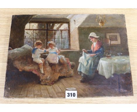 A. Russell, oil on canvas, Cottage interior with children playing, signed, 26 x 36cm, unframed