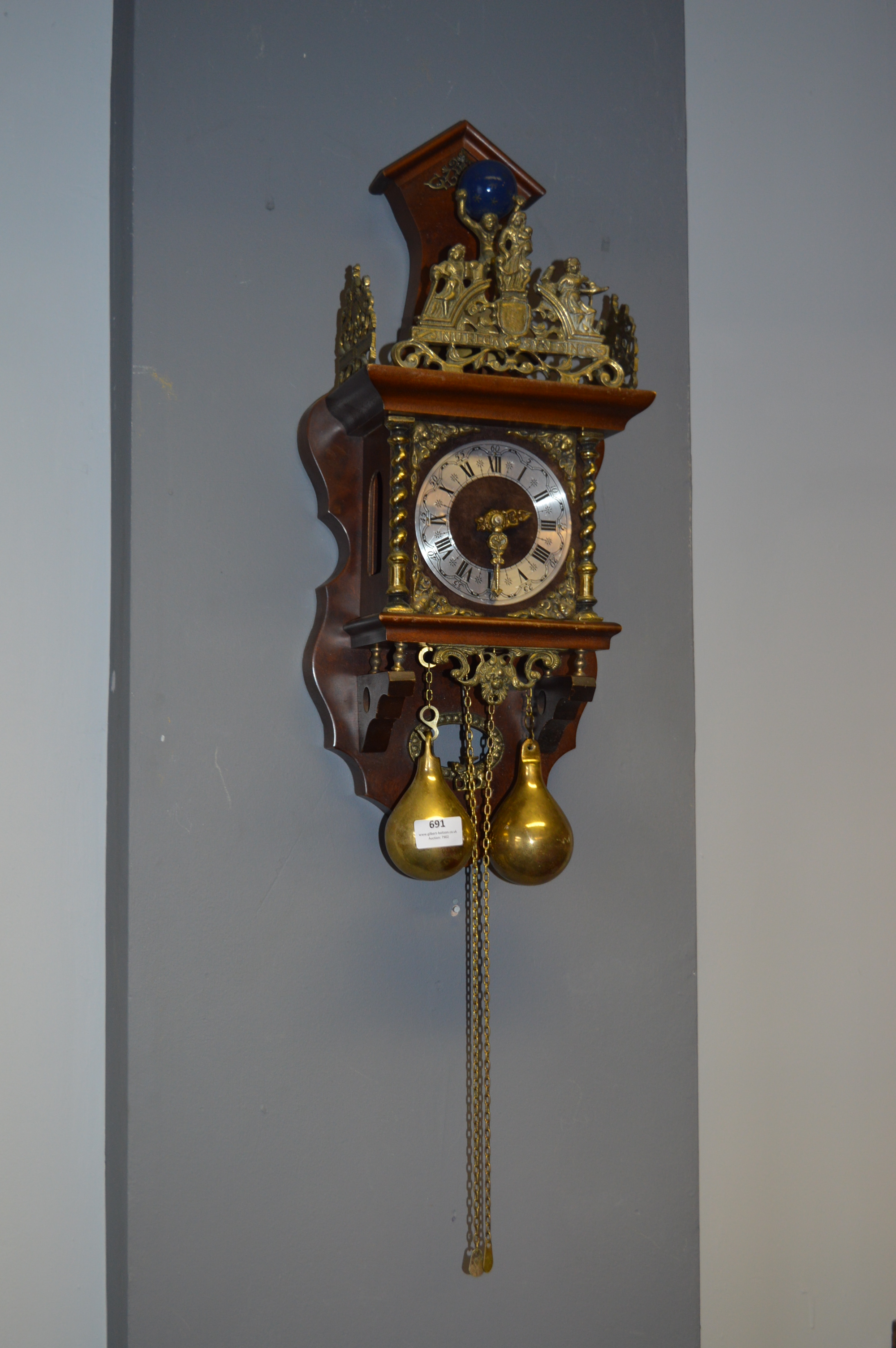 Dutch Weighted Wall Clock with Ornamental Brass Fittings