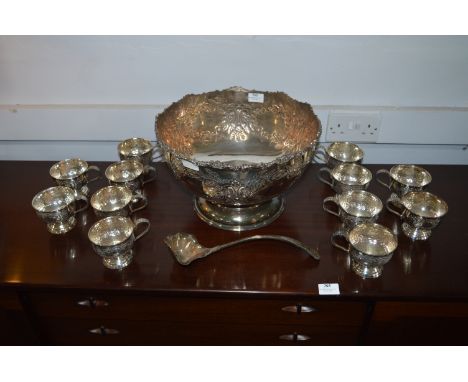 Silver Plated Punch Bowl with Twelve Cup and a Ladle 