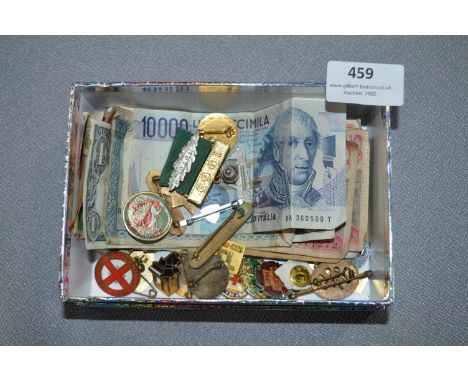 Collection of World Bank Notes and Enamel Badges 