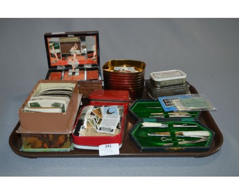 Tray Lot; Vanity Set, Cigarette and Tea Cards, Jewellery Box, Braille Playing Cards, Stamps, etc. 