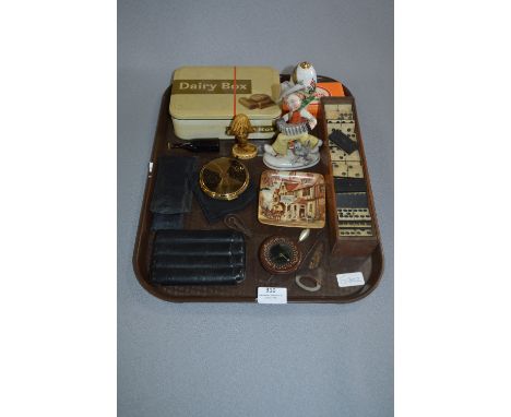 Tray Lot of Collectables; Dominoes, Ornaments, Cigar Case, Compass, Compact, etc.  