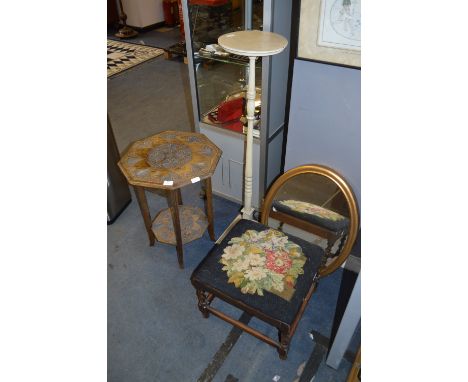 Carved Occasional Table, Plant Stand, Oval Mirror and Tapestry Topped Stool 
