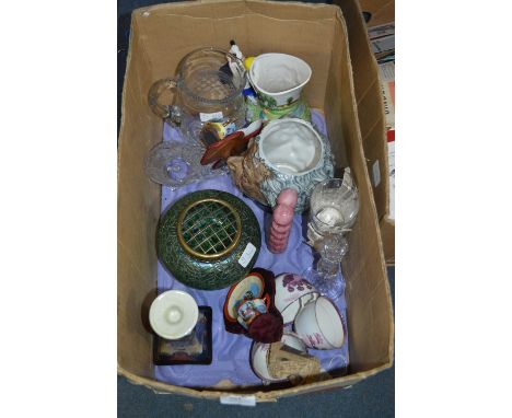 Box Containing Candlestick, Lustreware, Rose Bowl, Toby Jugs, Glass Jug, etc. 