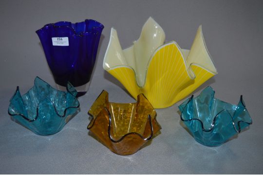 Five Coloured Glass Handkerchief Vases