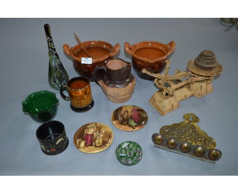 Stoneware Jug, Cooking Pots, Pipe Rack, Pot Lids, Glassware, Scales, etc. 