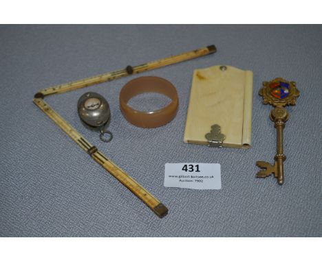 Ivorine Notebook, Folding Ruler, Small Compass and Key 