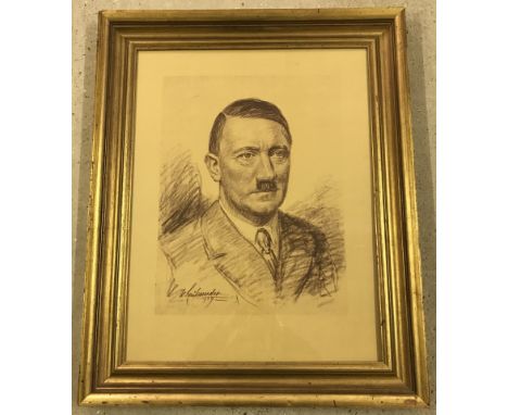 A large print of a pastel drawing of Adolf Hitler. Framed & glazed in gilt frame. Dated 1939. By ….. 65 x 50cm