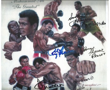 Muhammad Ali The Greatest 12x12 multi signed print signatures include Heavyweight legends Joe Frazier, George Foreman, Earnie