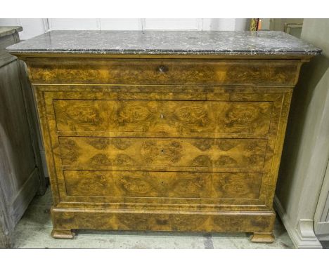 COMMODE, Louis Philippe burr walnut with grey marble top above four drawers, 104cm H x 128cm x 58cm. (with faults) 